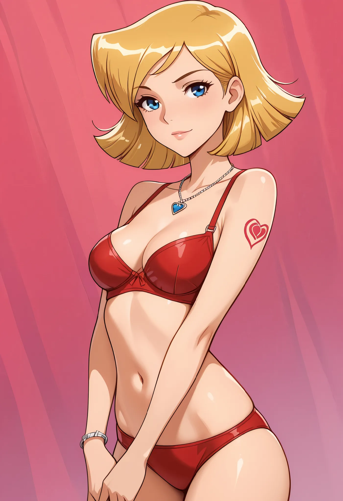 masterpiece, best quality, good quality, 1girl, solo, cartoon, totally_spies_2k24, cl0ver, blonde hair, blue eyes, sexy, medium breasts, beautiful, detailed, high detailed, very beautiful, detailed face, detailed eyes, detailed hand, abstract background, l...