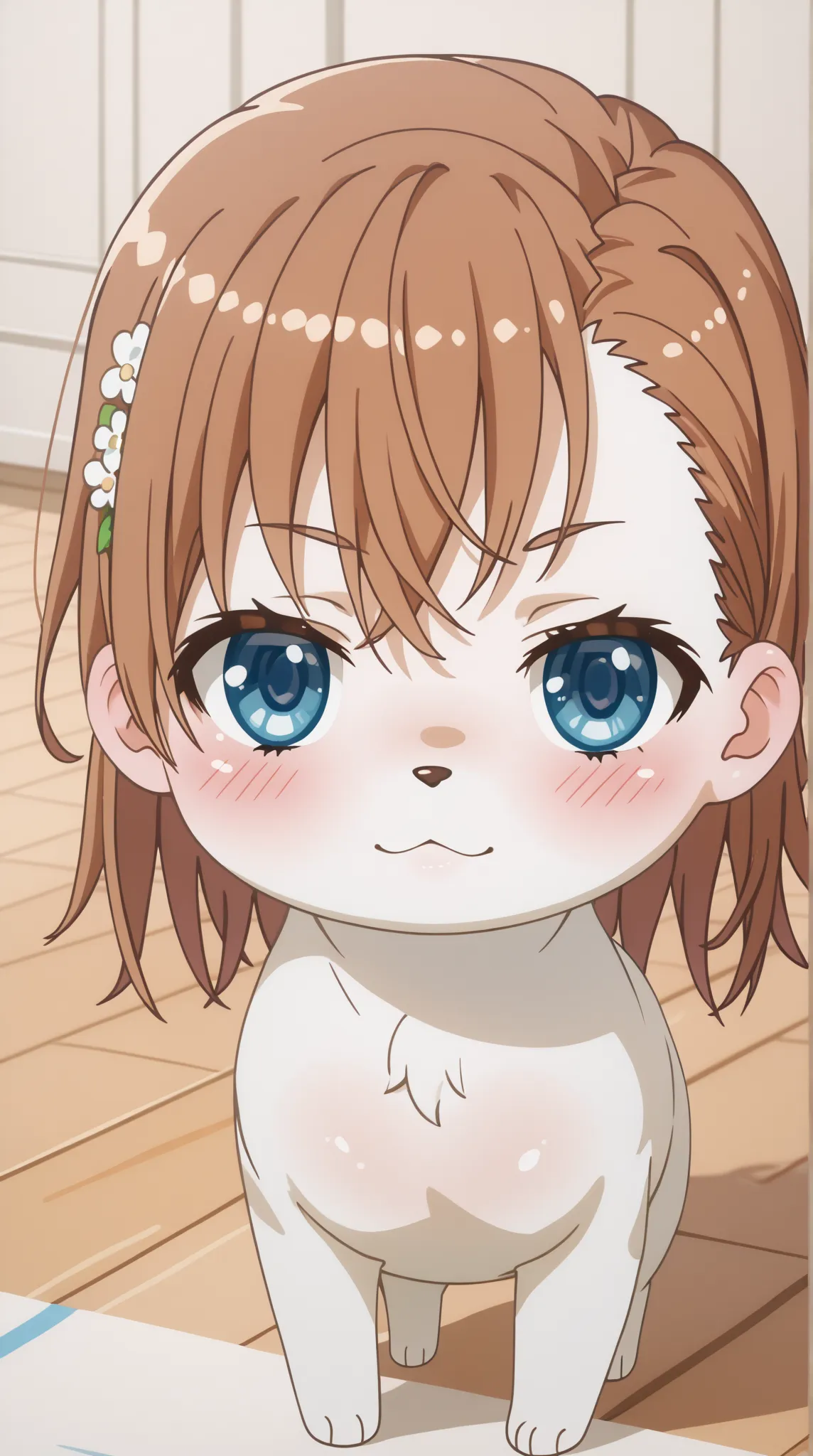 (UHD, retina, masterpiece, accurate, anatomically correct, super detail, high details,  highres, 1080P, 16k、high detail RAW color art:1.3)、 (misaka mikoto:1.3)、 short hair, brown hair、(very flat chest:1.5)、(Shiny skin:1.3)、(cinnamonroll, blue eyes, white b...