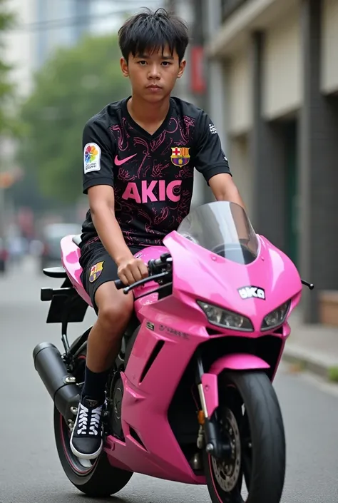 generate an image, a filipino moreno male ager, with straight-short hair, wearing a black messi jersey with pink designs, wearing a white short jersey with black crocks, riding a pink mio motorcycle, skinny fat with messi jersey, face slightly tomboy