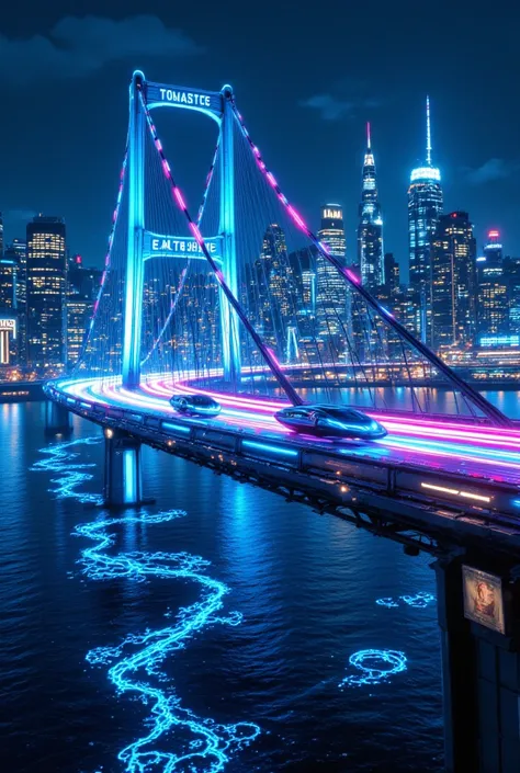 futuristic San Francisco Bay Bridge, holographic lights, floating transport pods, gleaming chrome and glass structure, advanced solar panels, anti-gravity vehicles, neon lighting, bioluminescent algae in the water, high-tech city skyline, crystal clear nig...