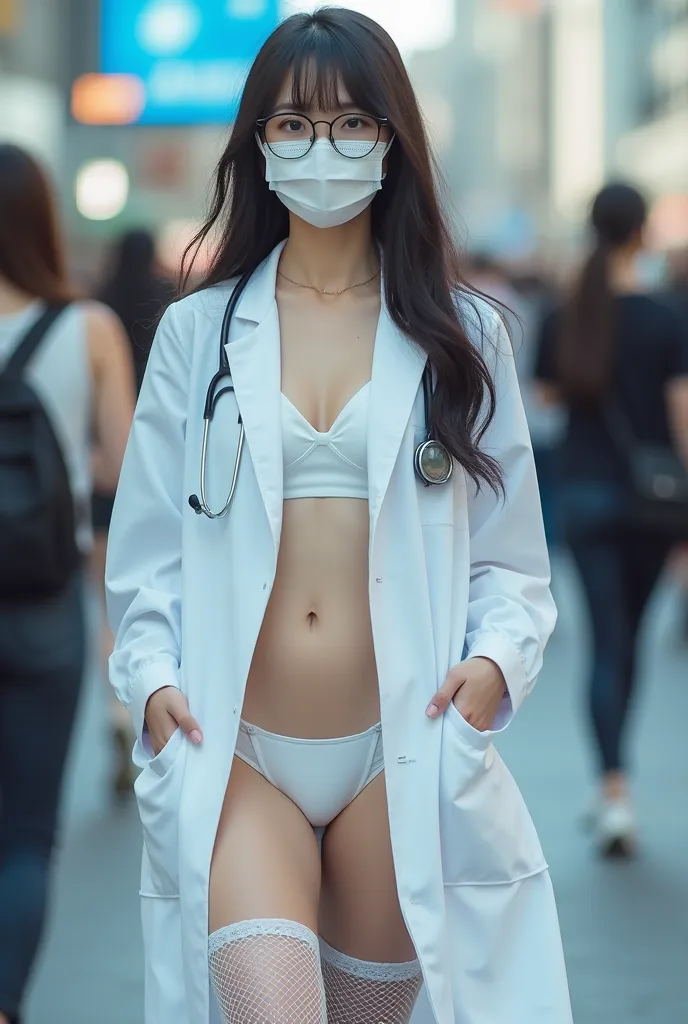 
A beautiful doctor with long hair with air bangs，She's like an idol， wearing a white mask and glasses ，The oversized doctor's uniform is fully open，The doctor's uniform has a long hem，Keep your hands straight and open naturally， facing the camera， White S...