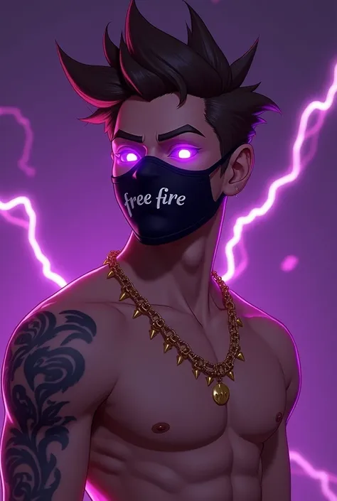 A shirtless Free Fire , with slightly pointed brown hair with purple lights coming out of the eyes a black mask written "free fire " gamer-style character with tattoo and a gold chain on an all-purple background written  "William"with lightning 