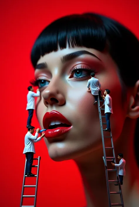 “A surreal Instagram-trending video frame (9:16 aspect ratio): A close-up of a woman’s face with black hair and striking blue eyes against a deep red background. Several small people, each the size of her nose, are wearing white lab coats and working on he...