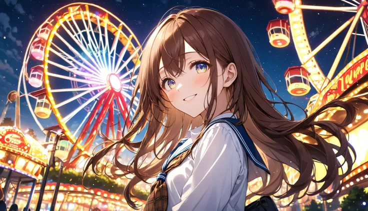 background： Illuminated Night Ferris Wheel 、Shining Illuminations .  
expression： Smiling Slightly .  
Costume： high school uniform,brown plaid skirt,white shirt .  
 pose： Stopping while looking up at the Ferris wheel.  
scene：(one girl,, Brown long Hair ...