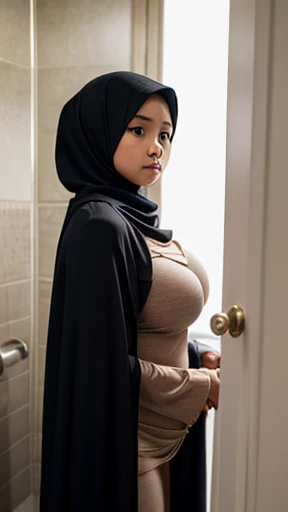 Javanese thin flat 5yo young girl, beauty baby face, closed long covered hijab, (wearing covered long cloak with hight slit details, the sagging of gigantic huge busty thicc is towering out from inder her cloak with hight slit), feeling shy, at bathroom