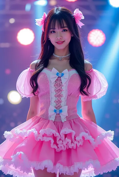 Create a highly detailed, realistic image of a young woman with long, dark hair styled with two small pink bows on either side. She is wearing a vibrant and transparent shinning glossy pink short dress that has a layered, frilly design with white ruffled e...