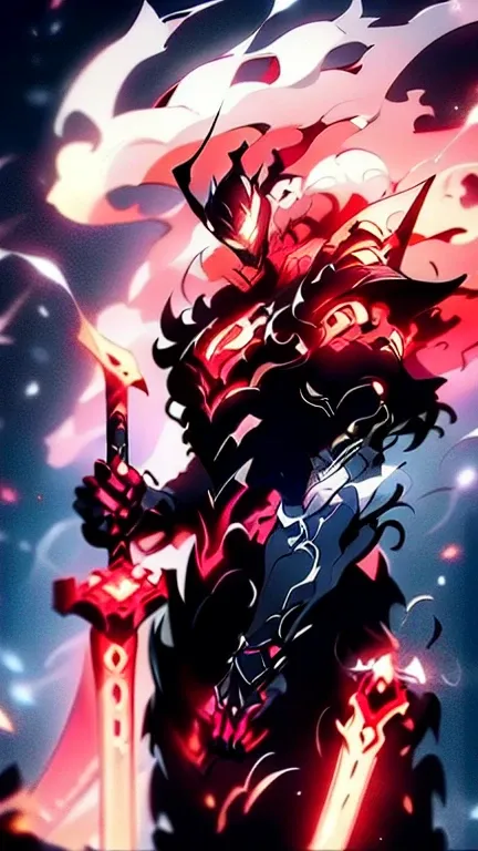 and moss,  silver and white ponytail and waist ,  V-shaped mechanical helmet ,  helmet eyes with red light ,  Wearing a sexy black mech suit ,  torn white cape that rocks in the wind ,  Take out a delicate bright red sword .: 1:1,  standing in the flames w...