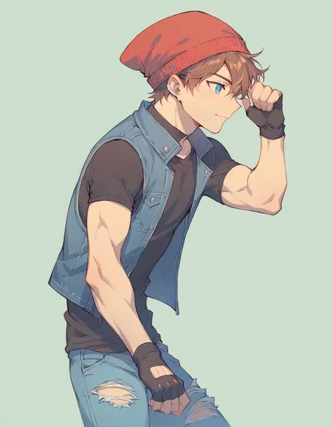  ,Alone ,human Male 20 Years ,Adolescent   , Brown Hair , wearing red  beanie ,(( wearing dark blue denim vest  )),blue pupils ,Simple background, Black shirt,ripped pants , fingerless gloves 