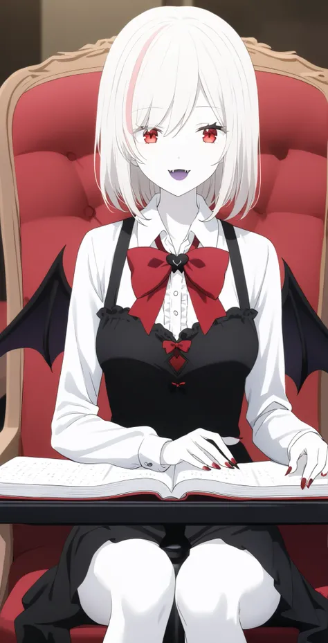  score_9,  score_8_up,  score_7_up,  source_Anime,  High precision, Anna,  1 girl, Alone,  red eyes, bow,vampireのドレス,black white dress ,collared , red bow,  medium hair , bowtie, bangs, Pure white hair,, upper body, pure white and pale skin,I have sharp, s...