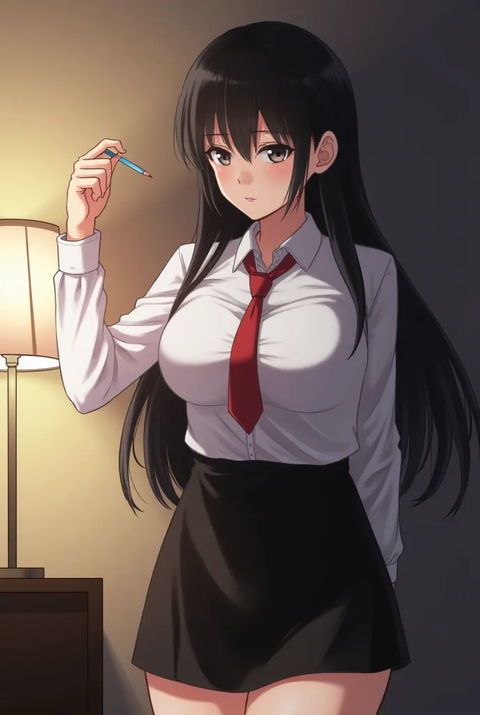  ,score_9, score_8_above, score_7_above, score_6_above, score_5_above, score_4_above, 1 ,  alone, ((,  huge breasts, black hair,   lamp,  gray eyes ,   black eyes ,  white shirt,  red tie ,  collared shirt,  long sleeves, mini-skirt,  black skirt,  pencil ...