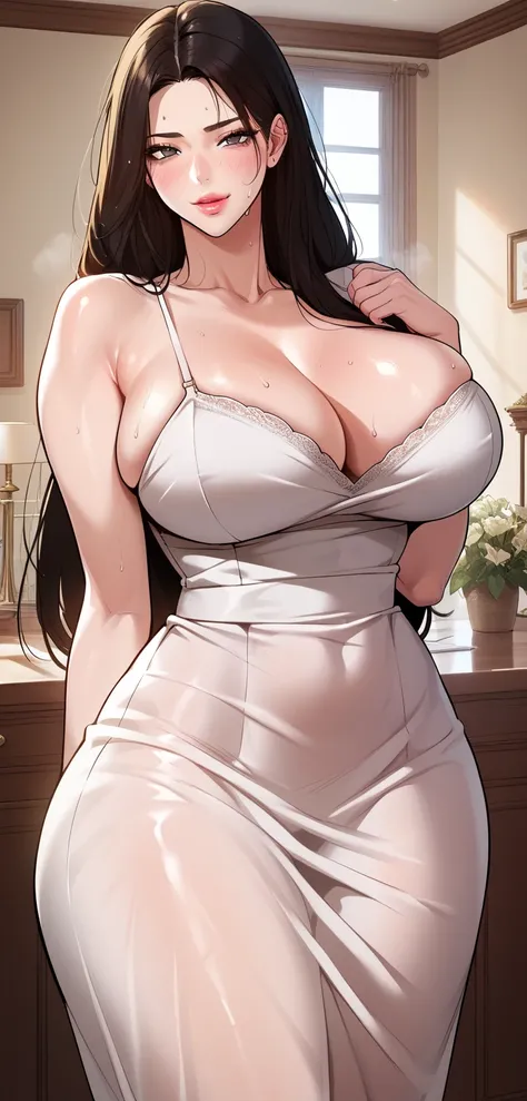  ,score_9, score_8_up, score_7_up, score_6_up, score_5_up, score_4_up, 1girl, solo, ((, huge breasts,black hair, long hair, grey eyes, black eyes, white transparent dress,, seductive expression,(masterpiece)), Highest quality, Very detailed,(One Girl), mas...