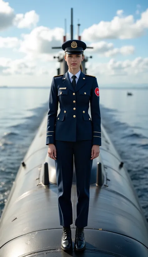 A strikingly beautiful 20-year-old Turkish woman stands with authority atop the most advanced submarine in Turkey's naval fleet as it floats on the ocean’s surface. She has an ideal, well-proportioned physique that reflects both strength and grace. Her exp...