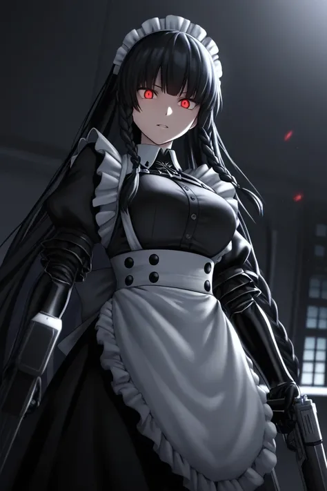 【high quality】【masterpiece】
【Precise and delicate drawing】
【 dynamic lighting】
Black Haired Braided Maid , glass,  sharp eyes, No emotion,  Battle Scene with 2 Handguns　A personality with a dark atmosphere　 has poor eyesight