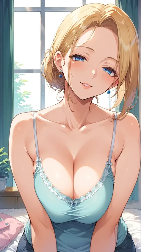 score_9, score_8_up, score_7_up, spurce_anime, blonde, blue eyes, perfect eyes, anime milf, mature woman, seductive face, camisole, home, soft light、smartphoneを見ながら