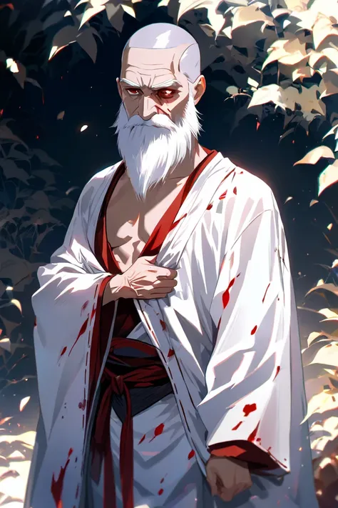 man, old, In monk's clothes, hairless, with a very very long and white beard, with blood-stained eye bandages