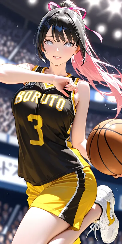 Masterpiece, newest, vibrant, very aesthetic, high contrast, mature woman, hinata hyuga, black hair, pony hair, straight hair, high ponytail long hair, pink hair ribbon, white eyes, yellow thight basketball team uniform, yellow thight basketball team short...