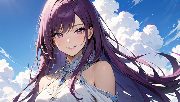 (((masterpiece, 最 high quality,  Supreme Masterpiece, super detailed:1.5))), (very detailed blue sky background :1.5), (((woman, 紫色の Straight Long Hair :1.5))),(((16K resolution:1.5)))、Like the last scene in the movie ,  ((( wear a dress like a white godde...