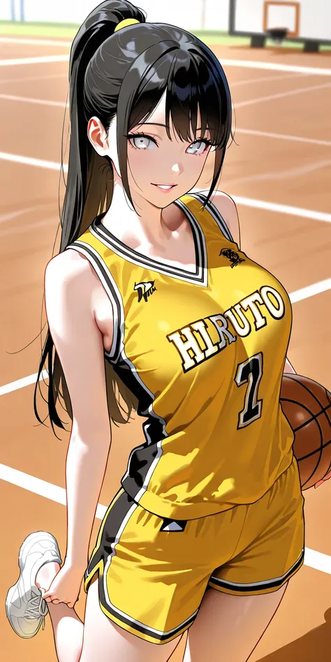 Masterpiece, newest, vibrant, very aesthetic, high contrast, mature woman, hinata hyuga, black hair, pony hair, straight hair, high ponytail long hair, white eyes, yellow thight basketball jersey, yellow thight basketball team short pants, white sneakers, ...