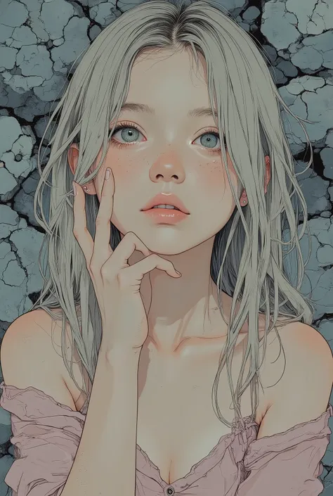 Very detailed, high quality, synogic style, illustration of a girl with a melancholic expression, resting her chin on her hand,The abundance of negative space and the emphasis on spatial awareness, lyrical atmosphere, delicate and precise strokes, neo-expr...