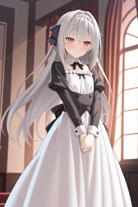 NSFW, Masterpiece, top quality, high res, very detailed, Sakurakouji Luna \(Tsuki ni yorisou otome no sahou\), gray hair, long hair, red eyes, small tits, maid outfit, long skirt , Bbo~