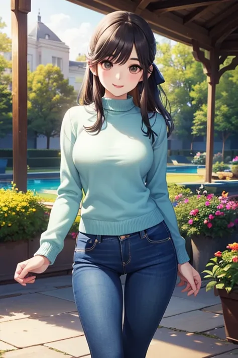 Takane Manaka, shiny brown long hair, pony tail with ribbon、beautiful brown eyes, smiling face, sparkling pupils, (fine grain), highly detailed eyes, highly detailed face, highly detailed eyes,, (masterpiece:1.2, best quality), 1 girl, cowboy shot,, 


cow...