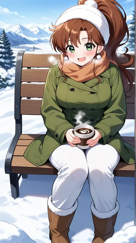 1 girl, obra maestra, mejor calidad, SMiLE, LONg hair, blush face, Brown hair, green eyes, ponytail hairstyle, medium boobs, rose earrings, red earrngs, hair accessory, Kino Makoto, snow mountain background, green thick coat, brown whool scarf, white, fluf...