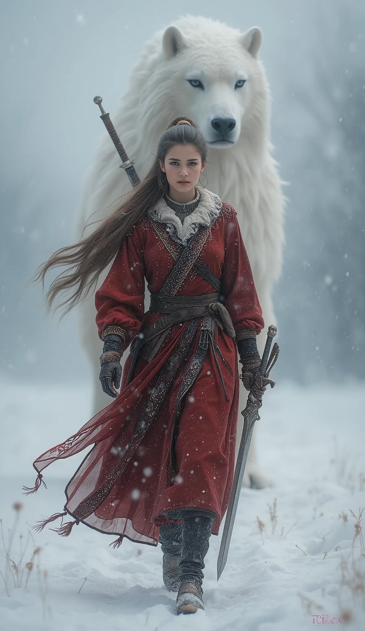 Imagine A Unreal Beauty Afghanistani Long Ponytail Hairs Wearing Unrealistic Unique Design Red Warrior Hard Outfit Walking Straight, A Giant Giant Snow Leapord Standing Behind Her As Her Guardian, 9 Feet Hieght Giant Snow Leapord Guardian Standing Behind H...