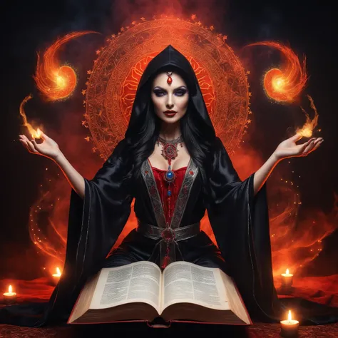  A wicked very cruel sorceress utters incantations at an ancient book of black magic, the sorceress is beautiful with a very graceful sexepile ,  dressed in a robe that is made of many suns, red white theme 