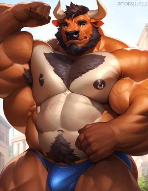 solo, 1boy, Muscular furry bull, old, bearded, detailed face, detailed eyes, wide shoulder, thick arms, wide pectoral, massive muscle, short hair:1.2, detailed eyes, focus eyes, huge pec, bulge muscle, shirtless, masterpiece, semirealistic:1.2, high detail...