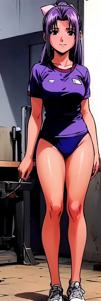 Momoko Koigakubo, who is tall, has long, beautiful legs, and is wearing a gym suit and a dark blue bloomer, is blushing and standing with a smile。 high definition。