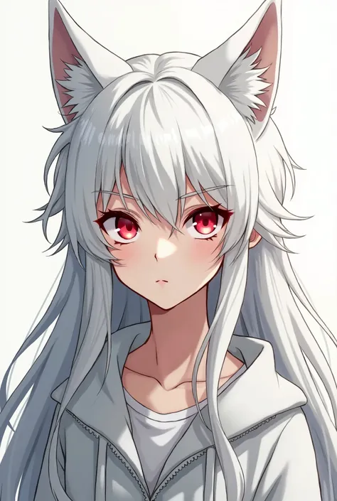 anime, Boy with the ear of a white wolf,with long white hair,  with red eyes 