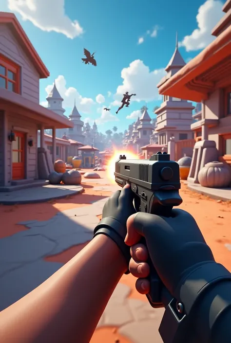 Fortnite first person shooter seen from the point of view of the person with a pistol in hand