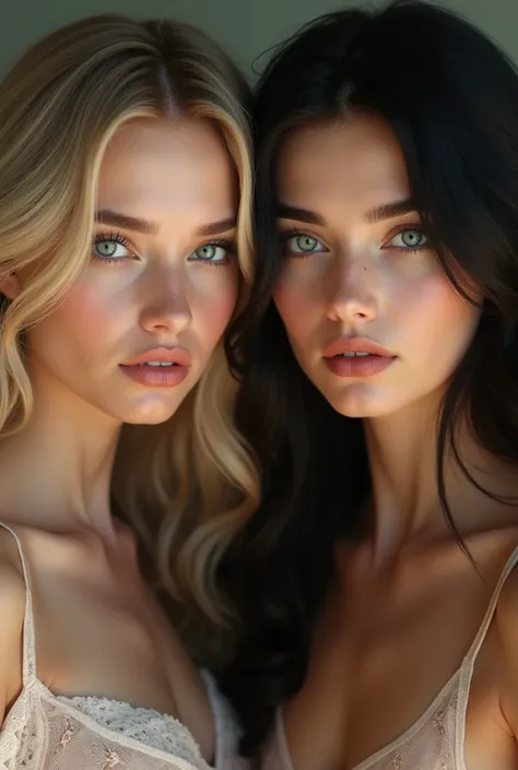 twins , belle,  perfect body, A wavy blonde ,  blue fawn eyes,  the other wavy black hair and emerald fox eyes