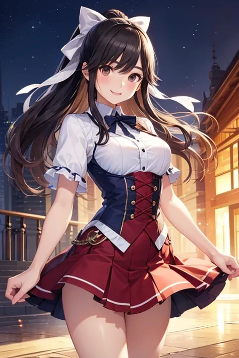 Takane Manaka, shiny brown long hair, pony tail with ribbon、beautiful brown eyes, smiling face, sparkling pupils, (fine grain), highly detailed eyes, highly detailed face, highly detailed eyes,, (masterpiece:1.2, best quality), 1 girl, cowboy shot,, 


cow...