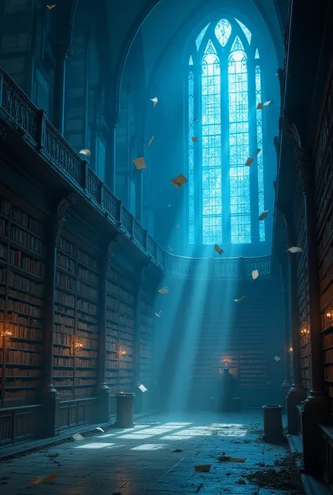 "A grand library with towering bookshelves filled with books. Large blue windows allow soft, ethereal light to flood the room, casting a mystical glow. Some books are floating in mid-air, gently levitating and flipping their pages as if enchanted. The atmo...