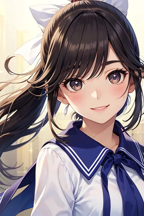 Takane Manaka, shiny brown long hair, pony tail with ribbon、beautiful brown eyes, smiling face, sparkling pupils, (fine grain), highly detailed eyes, highly detailed face, highly detailed eyes,, (masterpiece:1.2, best quality), 1 girl, cowboy shot,, 


cow...