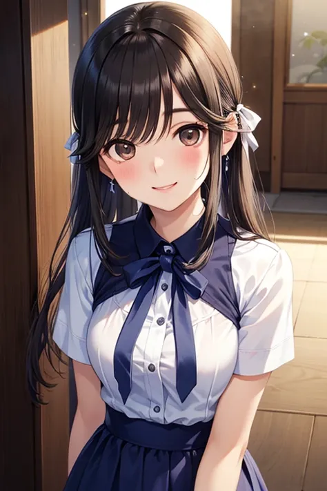 Takane Manaka, shiny brown long hair, pony tail with ribbon、beautiful brown eyes, smiling face, sparkling pupils, (fine grain), highly detailed eyes, highly detailed face, highly detailed eyes,, (masterpiece:1.2, best quality), 1 girl, cowboy shot,, 


cow...