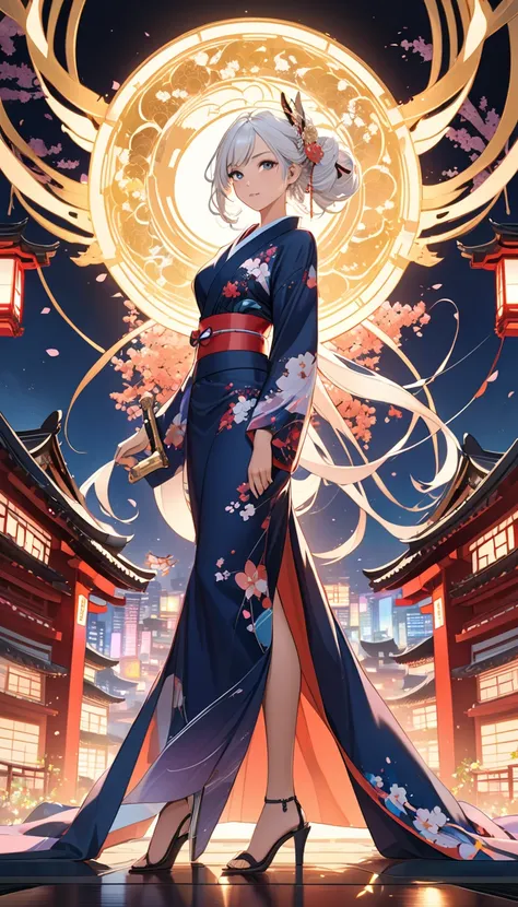 This is an illustration of an anime girl with a perfect hourglass figure, white hair and tanned Japanese skin in a new and vivid pose. She is wearing a kimono with graceful curves that reflect the golden ratio, adorned with a contemporary design that signi...