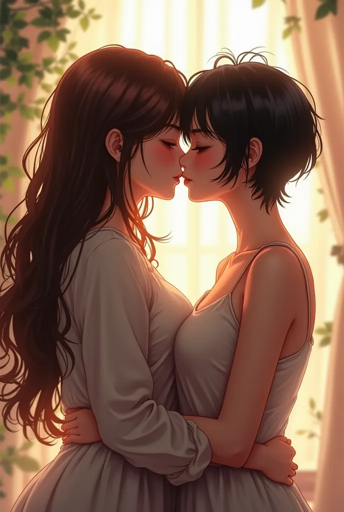 two girls kissing, one with long brown hair and the other with short black hair 