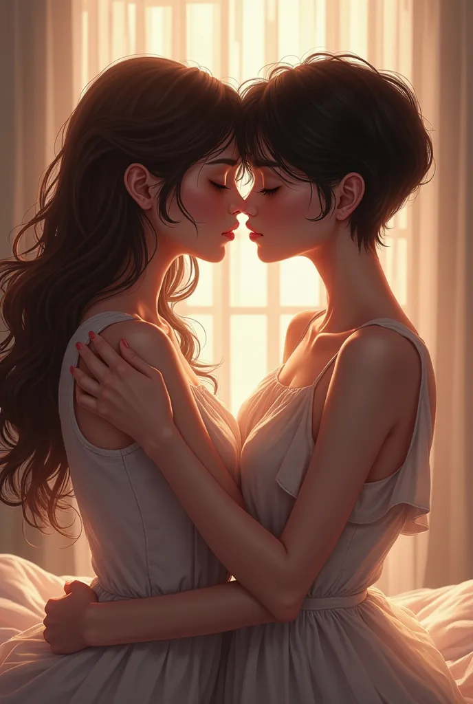 two girls kissing, one with long brown hair and the other with short black hair 