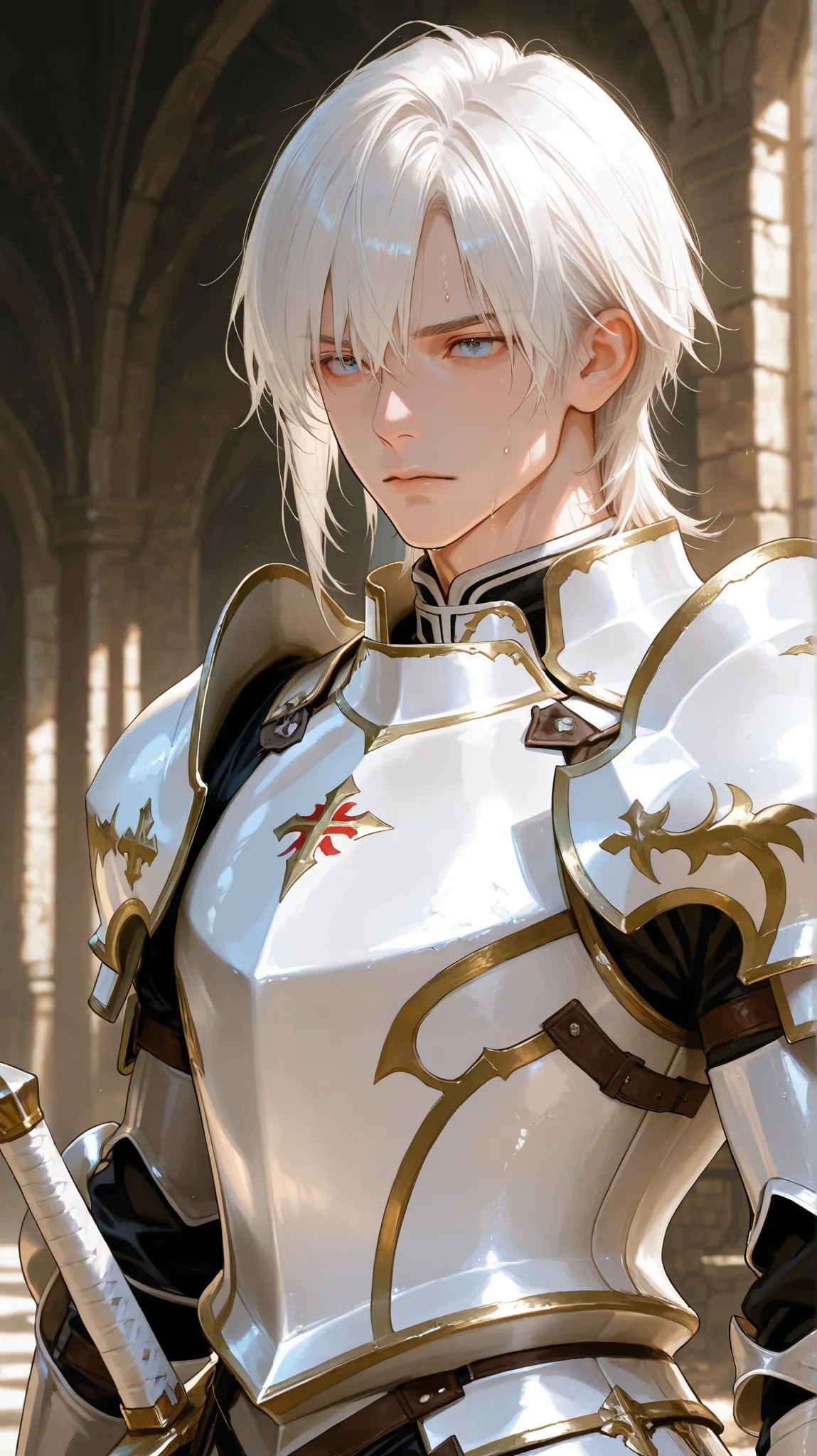 1 man, ((whole body)), Sluisap, eyes、usnr、GBF_style、748cmstyle、32K、Semi-realistic、 super detailed description 、Artwork、Original Works、 detailed color、 detailed eyes、 detailed lips 、 The Greatest Masterpiece、Professional work、white hair 、sweat、 elegant shot...