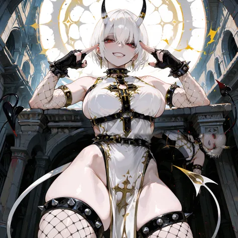 1girl, short hair, white hair, red eyes, white tunic with black lines and gold trim, cross cutout in the chest, large breasts, sleeveless, ((yellow detached horns)), ((black lips)), spiked bracelets, spiked choker, earrings, spiked ornament on one horn, th...