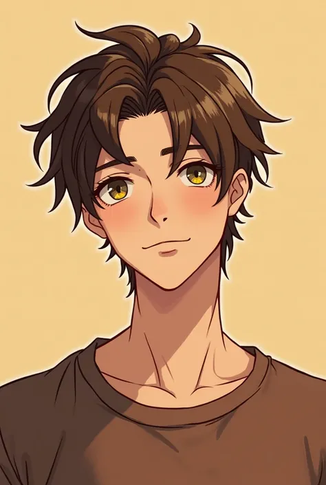 Create an image of my oc which is a man.Make it in manhwa artstyles.I want him to have a messy short hair but not too messy and slightly neat with a messy bang,the hair colour is brown,that not too dark not too light.He have a warmth look with his eyes the...