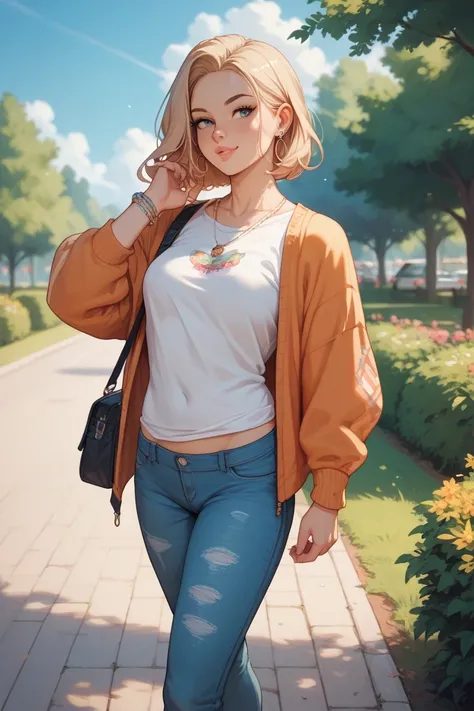 Draw a very hot little slut walking in the park wearing casual clothes