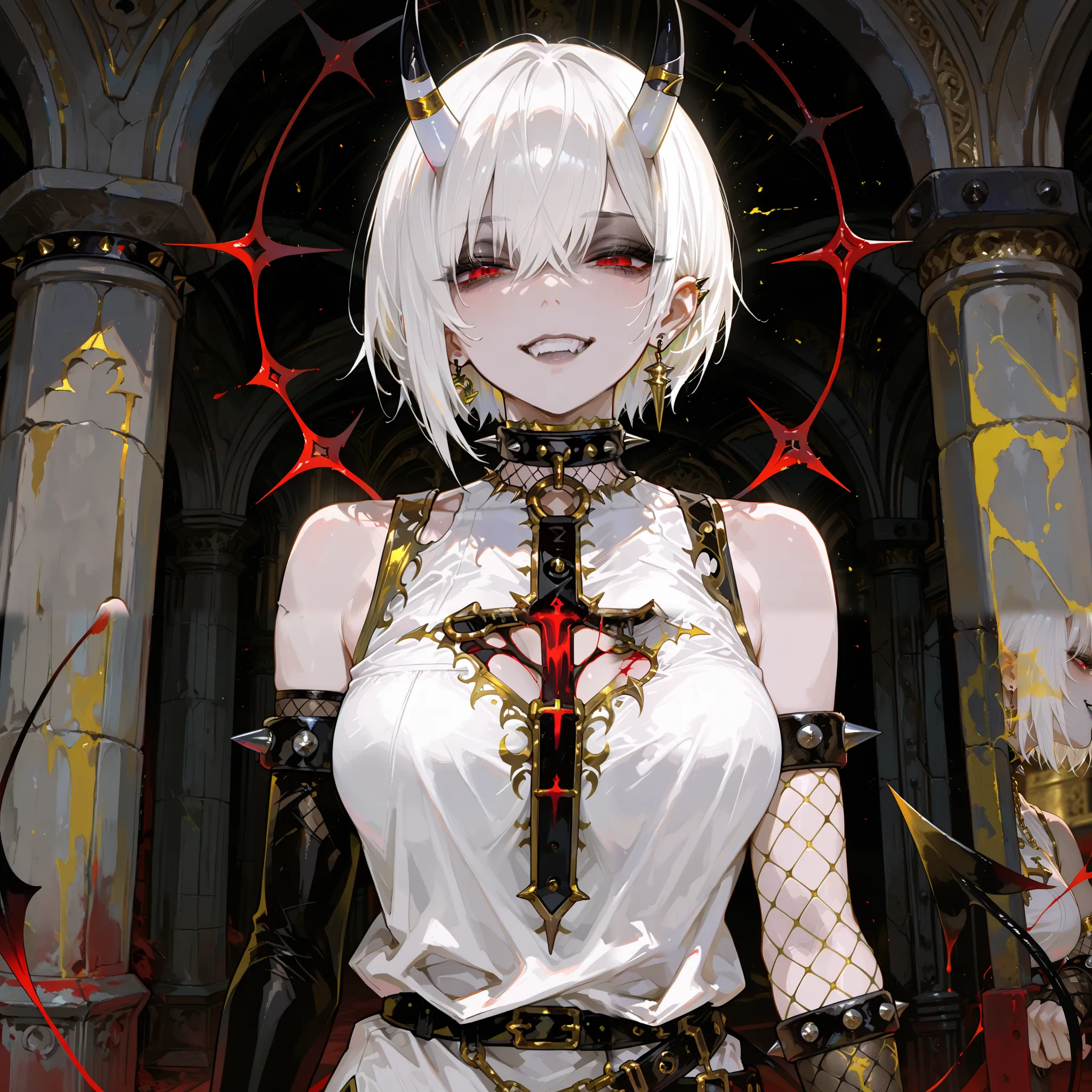 1girl, short hair, white hair, red eyes, white tunic with black lines and gold trim, cross cutout in the chest, large breasts, sleeveless, ((yellow detached horns)), ((black lips)), spiked bracelets, spiked choker, earrings, spiked ornament on one horn, fi...