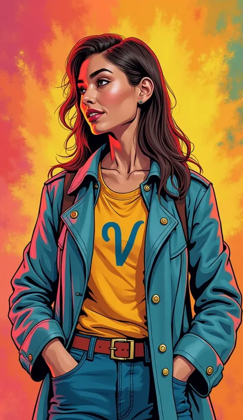  Create a discreet and casual image of an American person in the comic book style, They are people of the Virgo sign with high and radiant energy . They are dressed in casual and tasteful outfits with the Virgo sign symbol on their clothes.  The background...