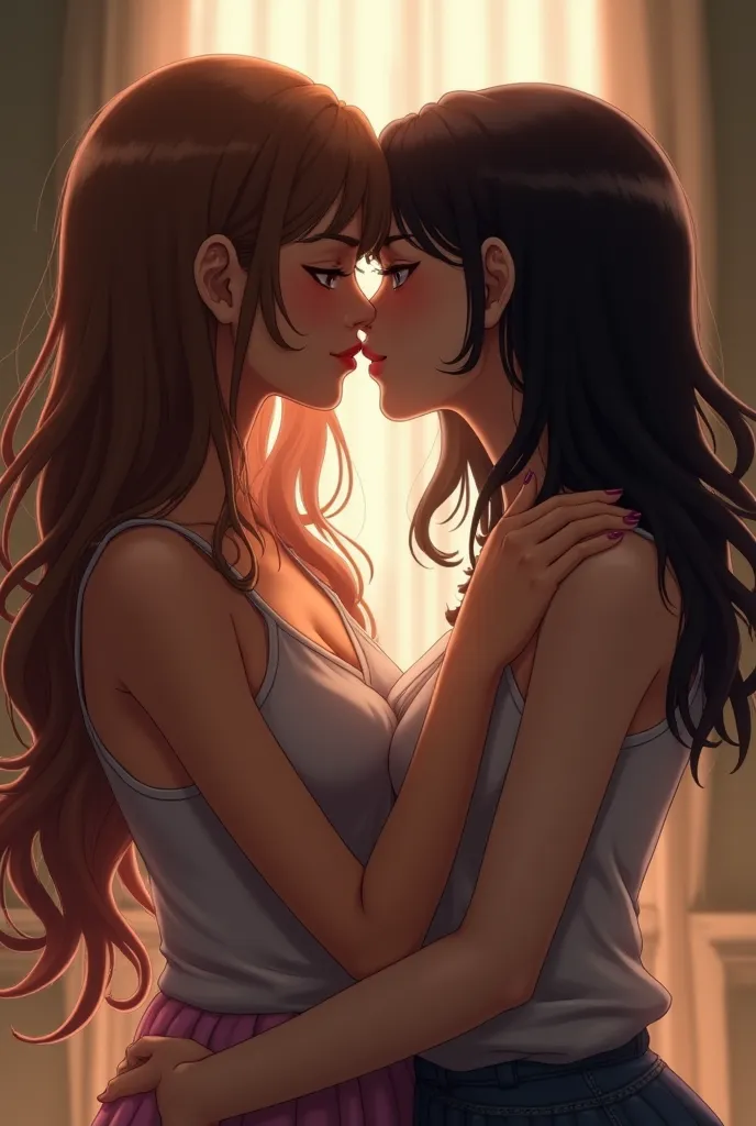 two girls kissing, one with long brown hair and the other with medium black hair 