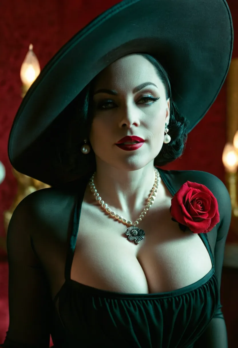 cinematic film still of  Alcina Dimitrescu, Lady Dimitrescu,mature woman, dramatic light, big breasts, Dimitrescu, white skin, pale skin, red lips, Alcina Dimitrescu, Lady Dimitrescu, muscular, a woman in a black hat and dress, 1girl, solo, breasts, lookin...