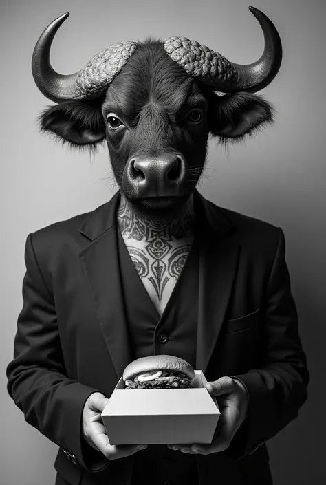 Realistic black and white photo of a human with a bufalo face, tattoos on the neck and jacket suit . Hold a hamburger box