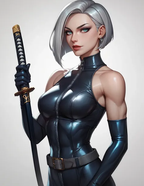 female navy sleeveless latex bodysuit, navy belt, racerback, bare shoulders, long gloves, navy gloves, toned arms, beautiful faces, silver short hair, sleek bob cut, earrings, soft smooth skin, pale skin, white background, cyan eyes, sci-fi, high contrast,...